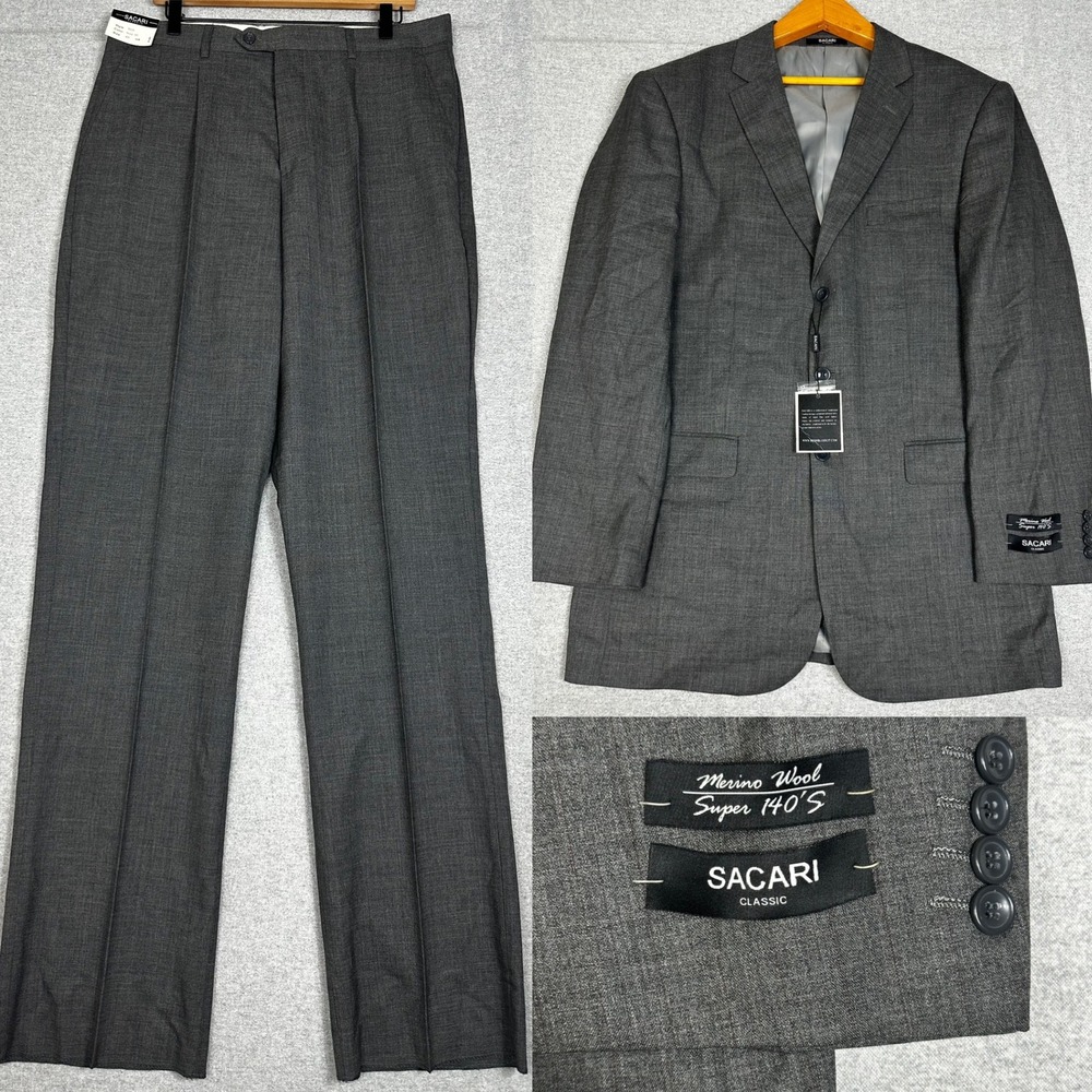 NWT Sacari Suit 42L 36x28 Grey Merino Wool Super 140s Sharkskin Two Button